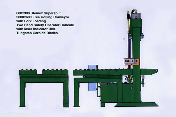 sideview 600x300 Steinex Supersplit, 3000x600 Free Rolling Conveyor with Fork Loading, Two Hand Safety Operator Console with laser Indicator Unit. Tunsten Carbide Blades